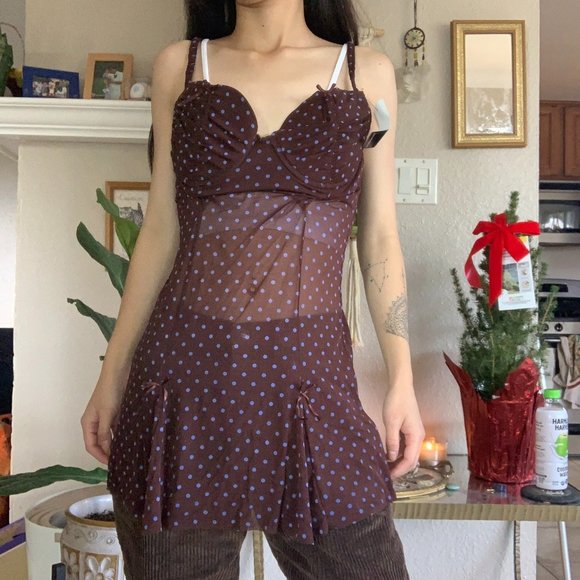 Y2K Rampage Brown Polka Dot Bustier Top - Picture 1 of 8